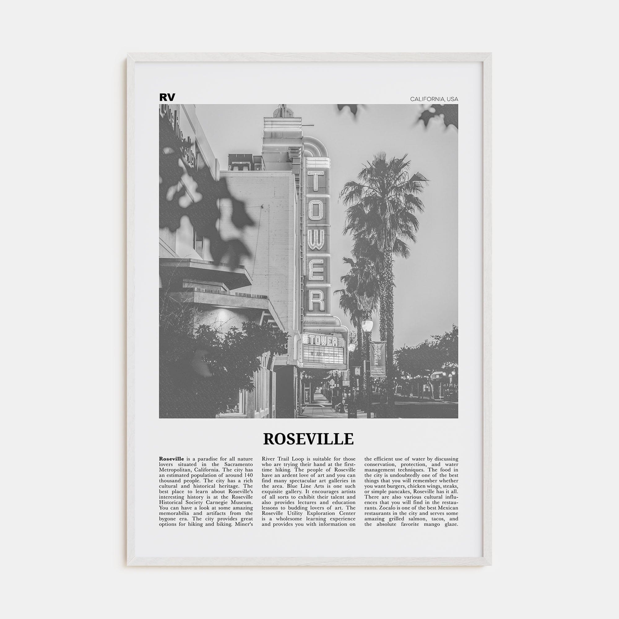 Roseville Poster White Wood / 8x12 in Nbourhood Travel B&W Poster