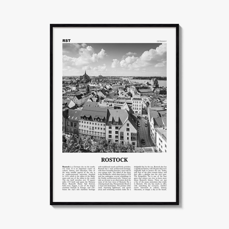 Rostock black & white newspaper poster of Germany – vertical wall art, unframed print shown in interior mockup