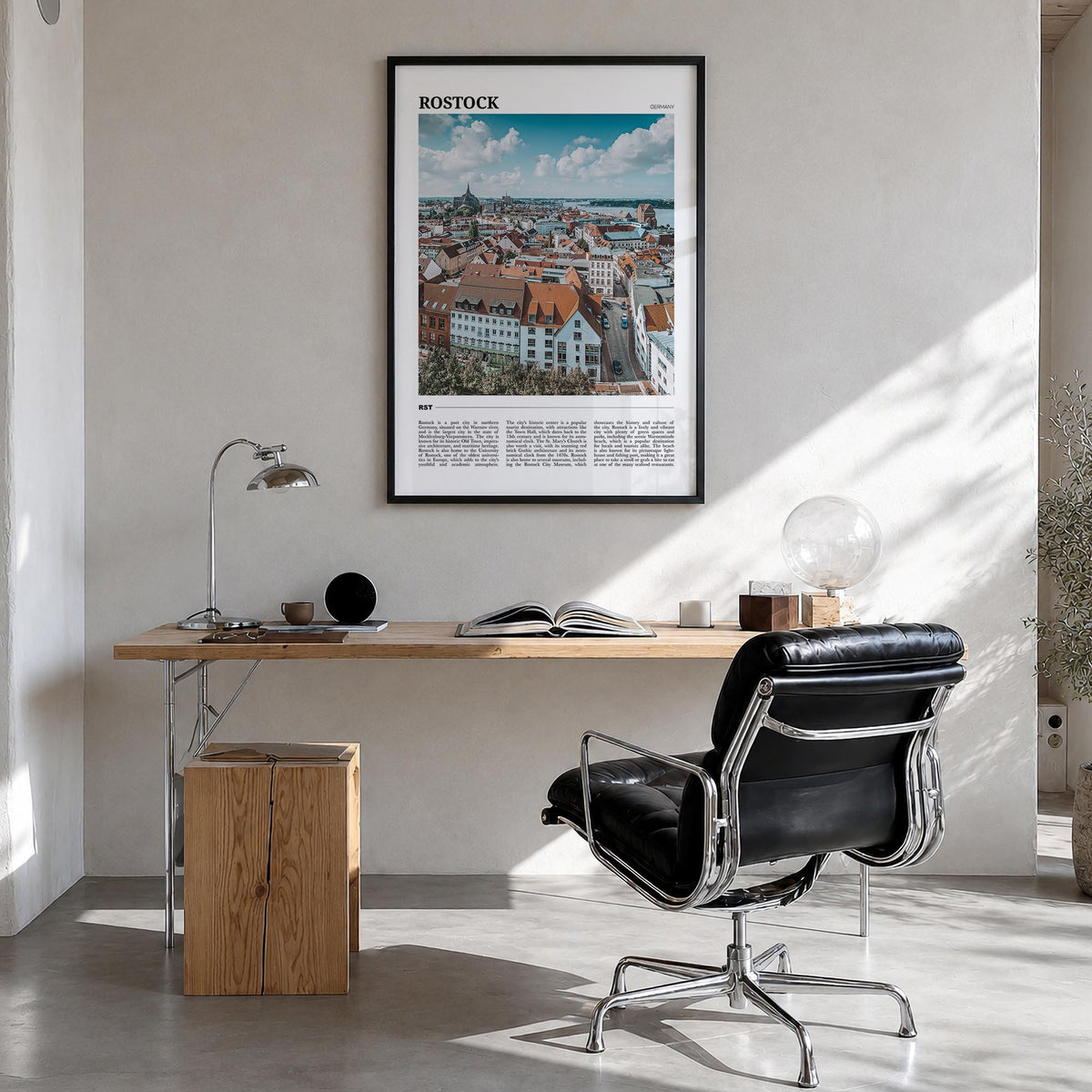 Rostock colorful travel poster of Germany – vertical wall art in black wood frame, hanging on wall