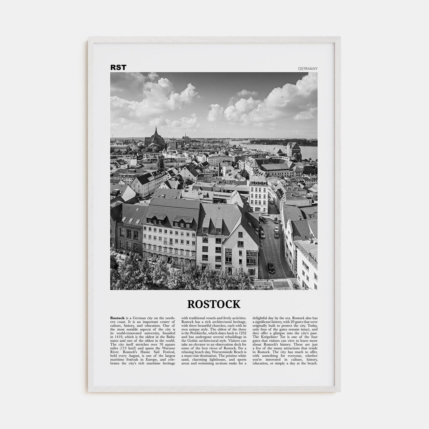 Rostock Poster White Wood / 8x12 in Nbourhood Travel B&W Poster