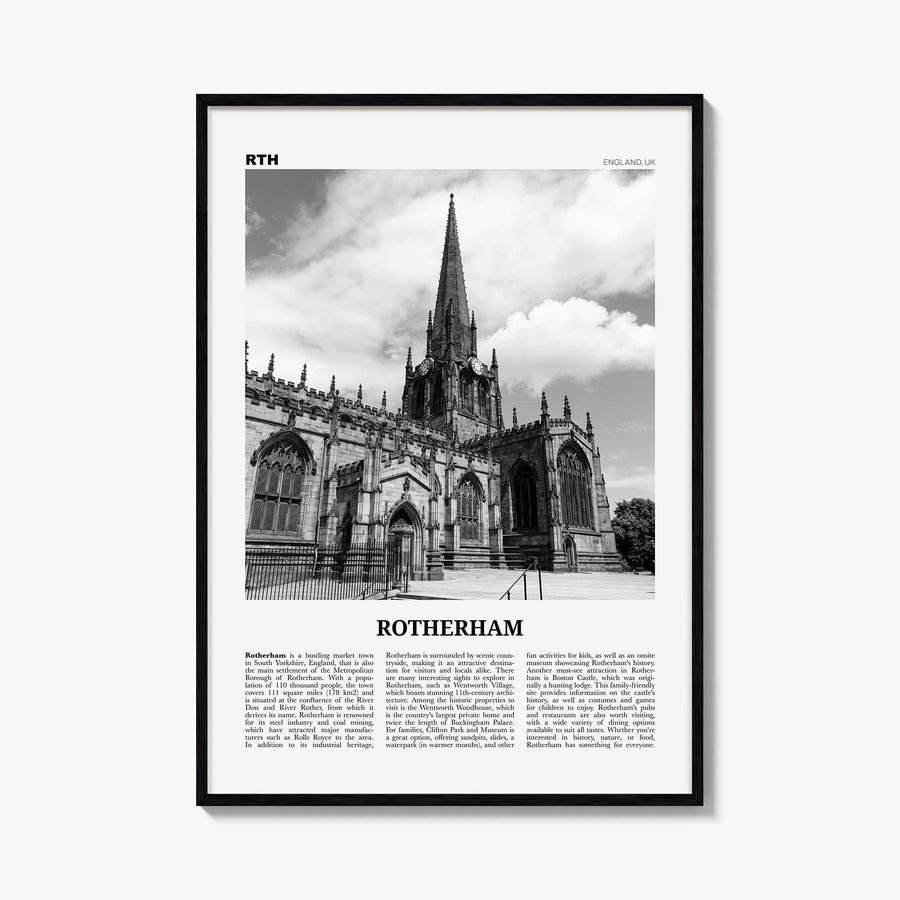 Rotherham black & white newspaper poster of United Kingdom – vertical wall art, unframed print shown in interior mockup