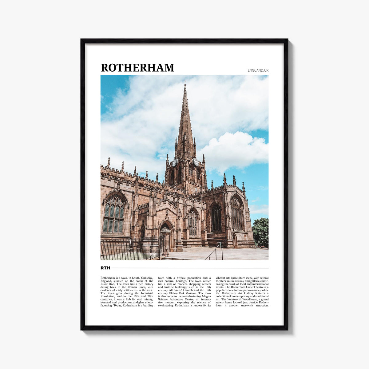 Rotherham colorful travel poster of United Kingdom – vertical wall art, unframed print shown in interior mockup