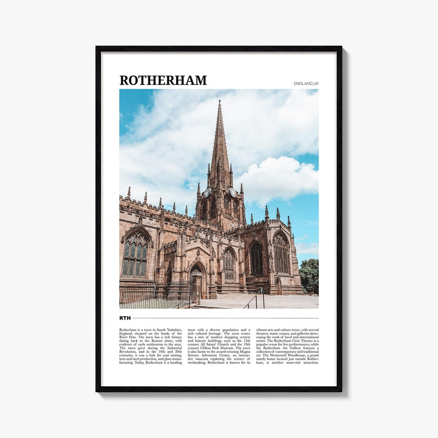 Rotherham colorful travel poster of United Kingdom – vertical wall art, unframed print shown in interior mockup