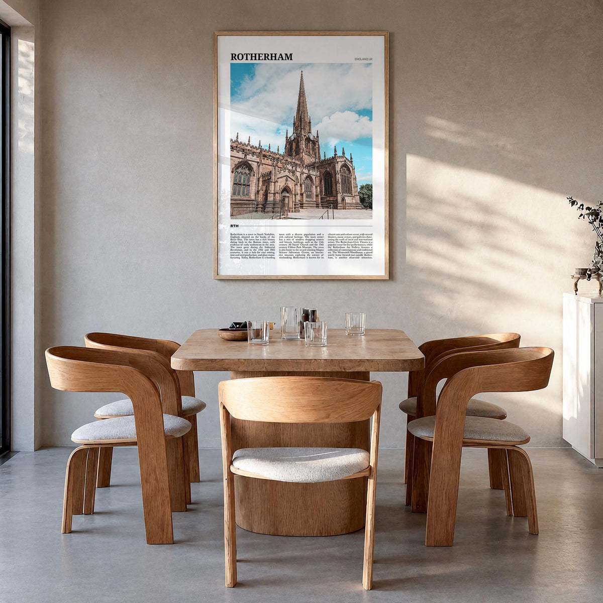 Rotherham colorful travel poster of United Kingdom – vertical wall art in natural wood frame, hanging on wall