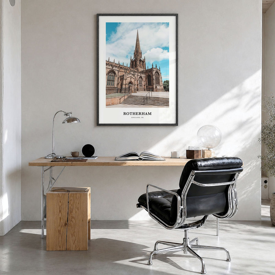 Rotherham Classic Poster in a black wood frame, hanging in a bright home office
