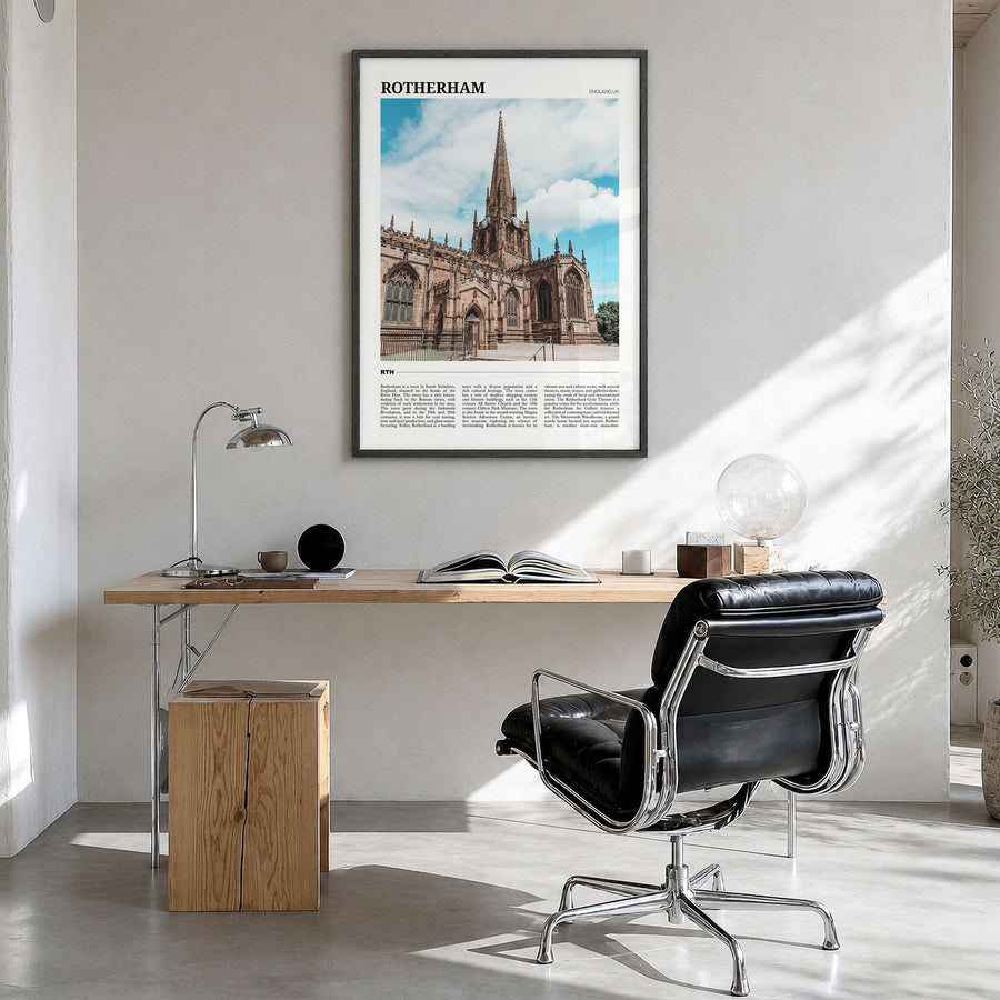 Rotherham Travel Poster in a black wood frame, hanging in a bright home office
