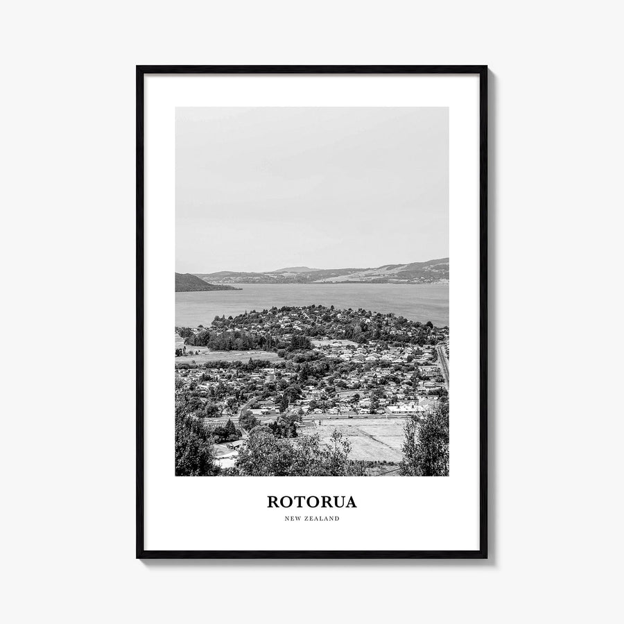 Rotorua black & white classic poster of New Zealand – vertical wall art, unframed print shown in interior mockup