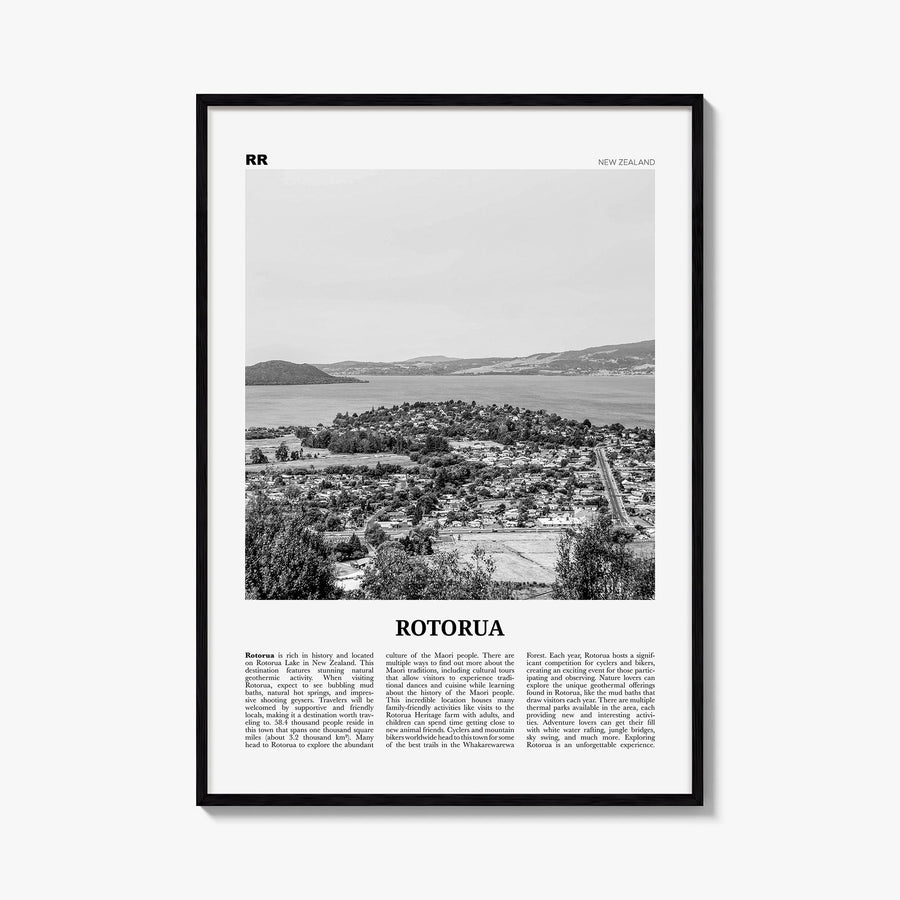 Rotorua black & white newspaper poster of New Zealand – vertical wall art, unframed print shown in interior mockup