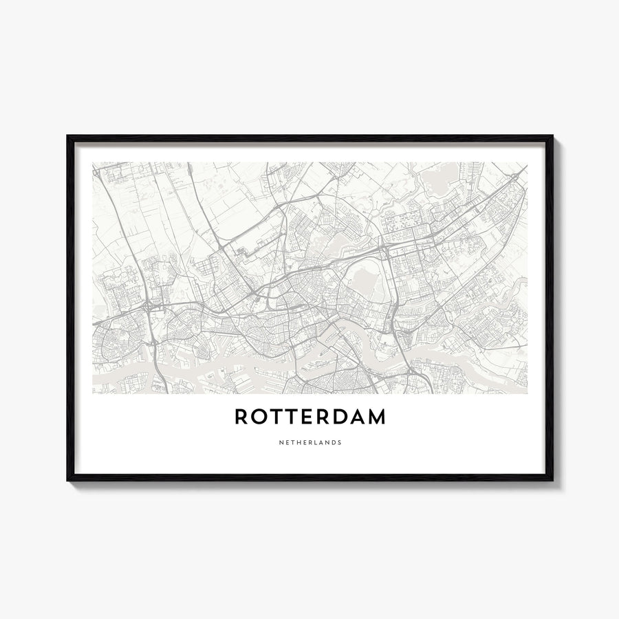 Rotterdam black & white map poster of Netherlands – horizontal wall art, unframed print shown in interior mockup