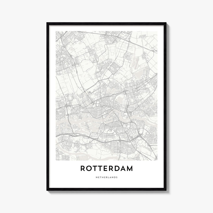 Rotterdam black & white map poster of Netherlands – vertical wall art, unframed print shown in interior mockup