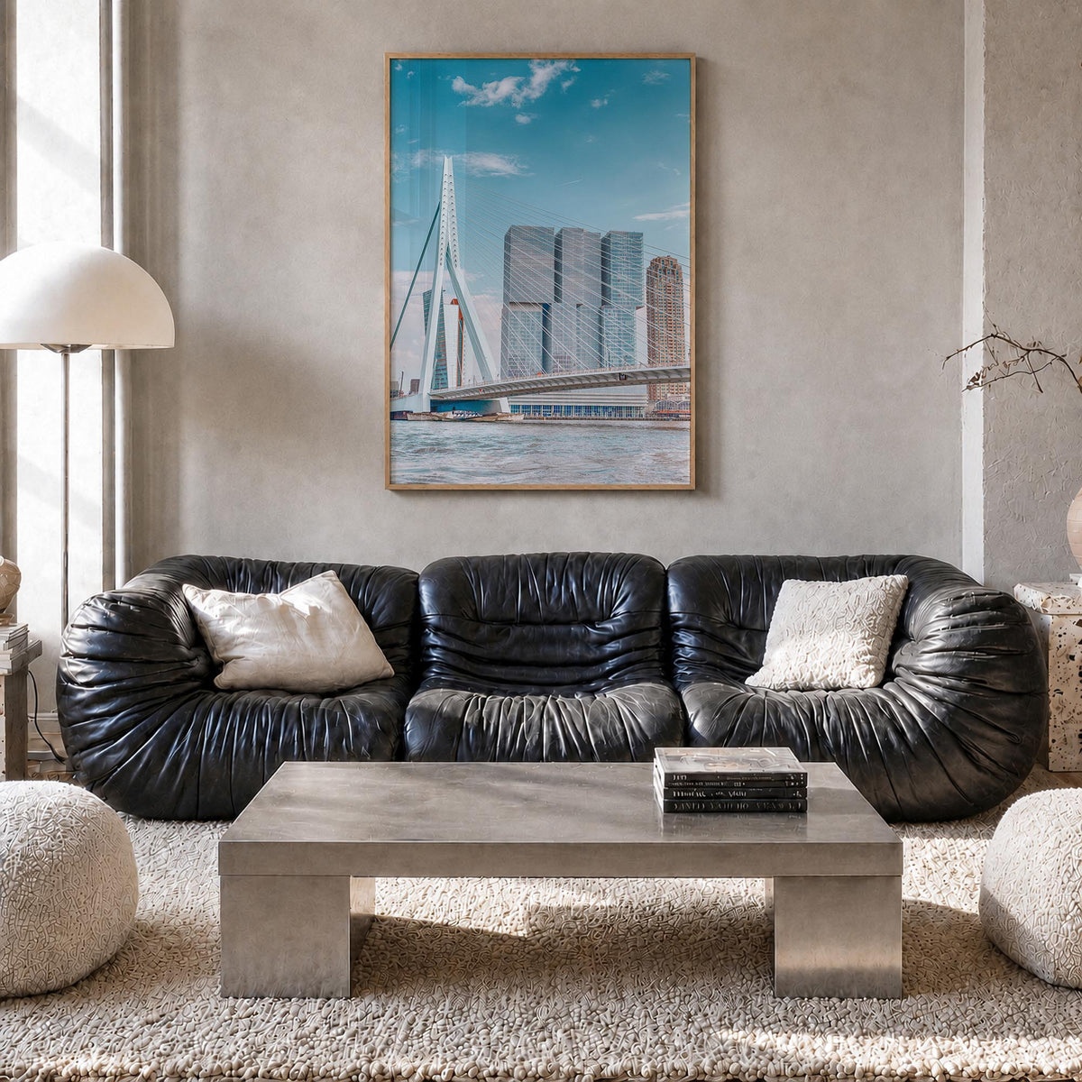 Rotterdam colorful photo poster of Netherlands – vertical wall art in natural wood frame, hanging on wall