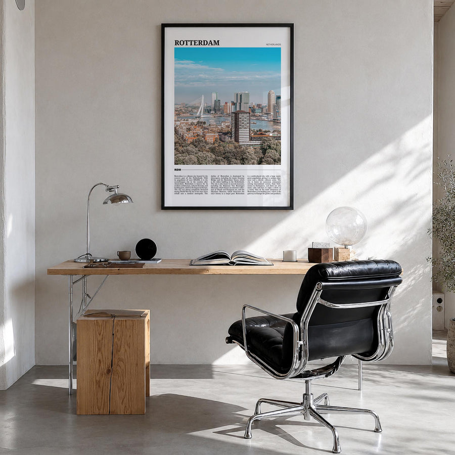 Rotterdam colorful travel poster of Netherlands – vertical wall art in black wood frame, hanging on wall