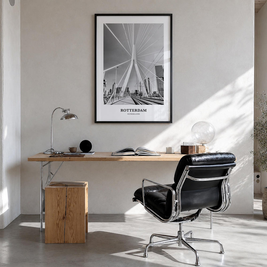 Rotterdam no. 1 black & white classic poster of Netherlands – vertical wall art in black wood frame, hanging on wall