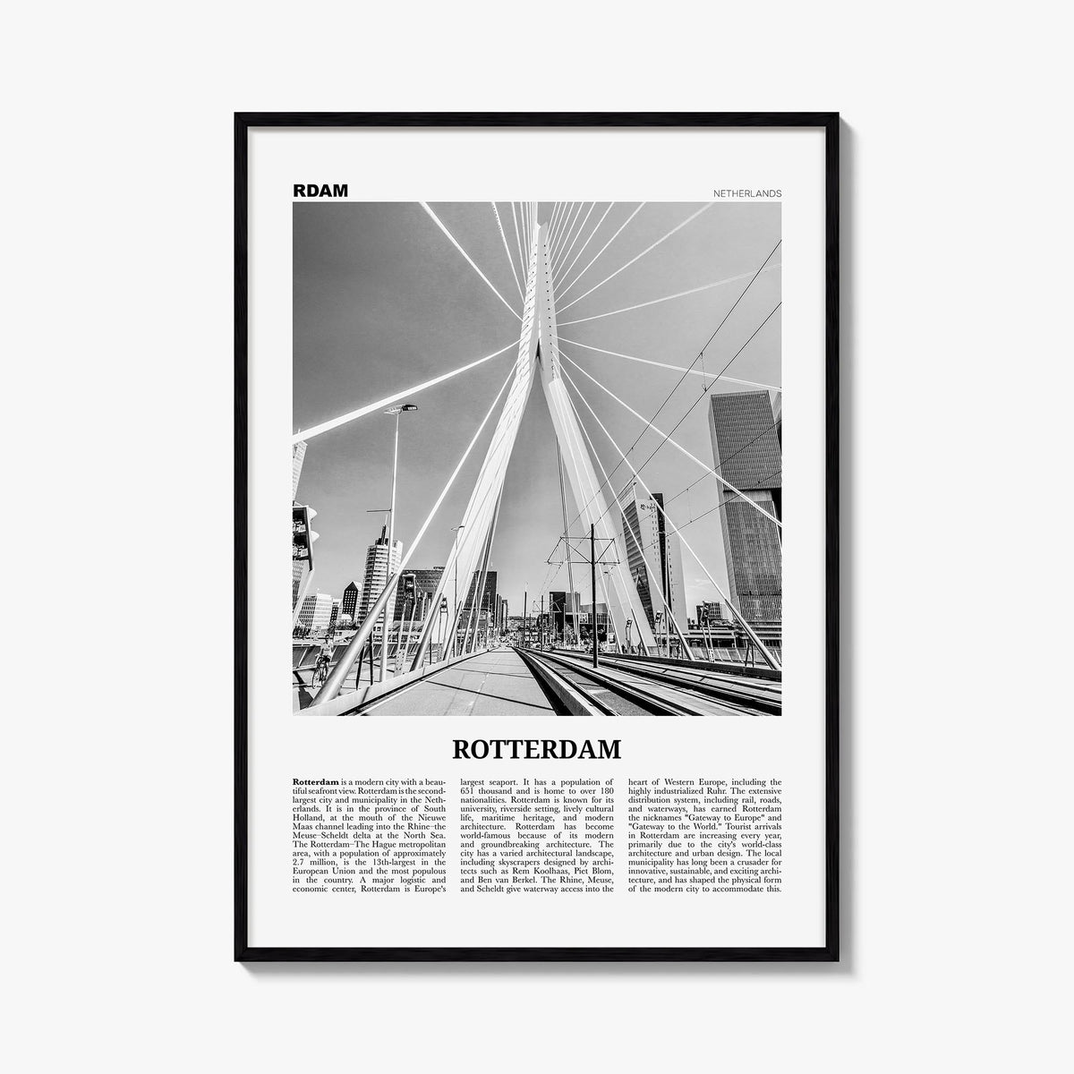 Rotterdam no. 1 black & white newspaper poster of Netherlands – vertical wall art, unframed print shown in interior mockup
