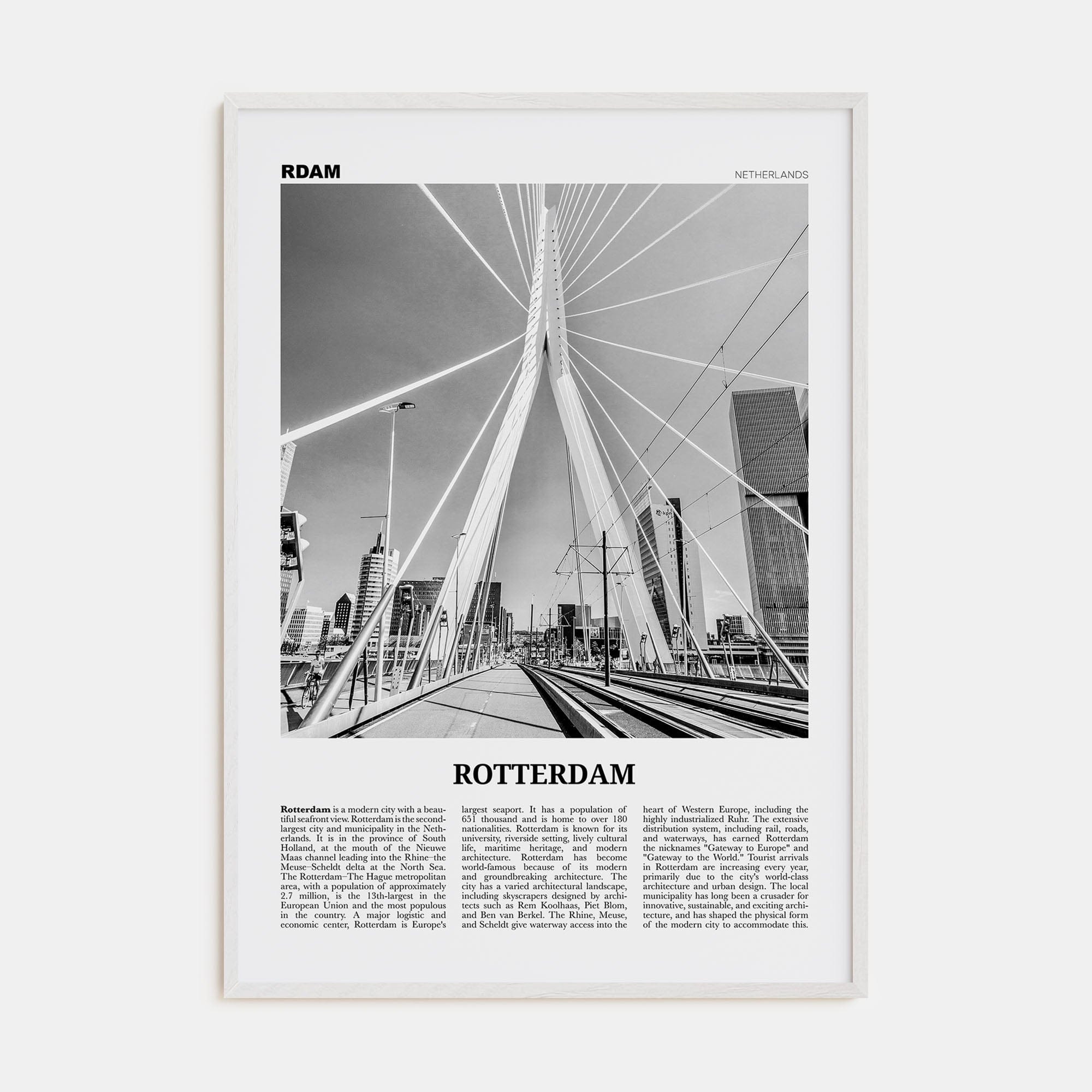 Rotterdam No 1 Poster White Wood / 8x12 in Nbourhood Travel B&W Poster