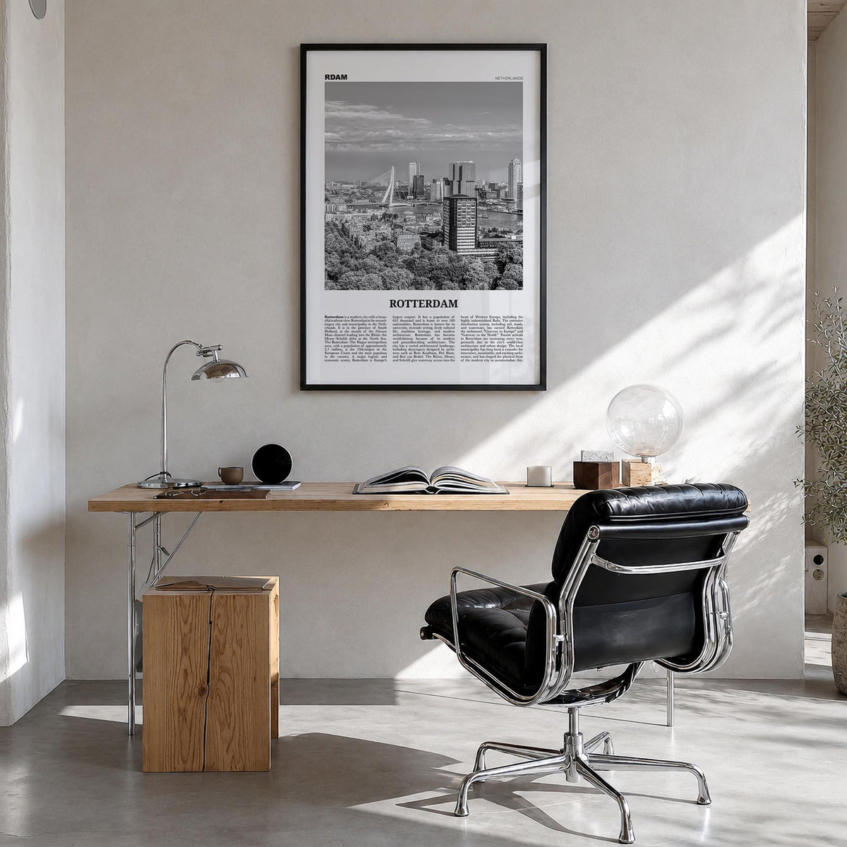 Rotterdam no. 2 black & white newspaper poster of Netherlands – vertical wall art in black wood frame, hanging on wall