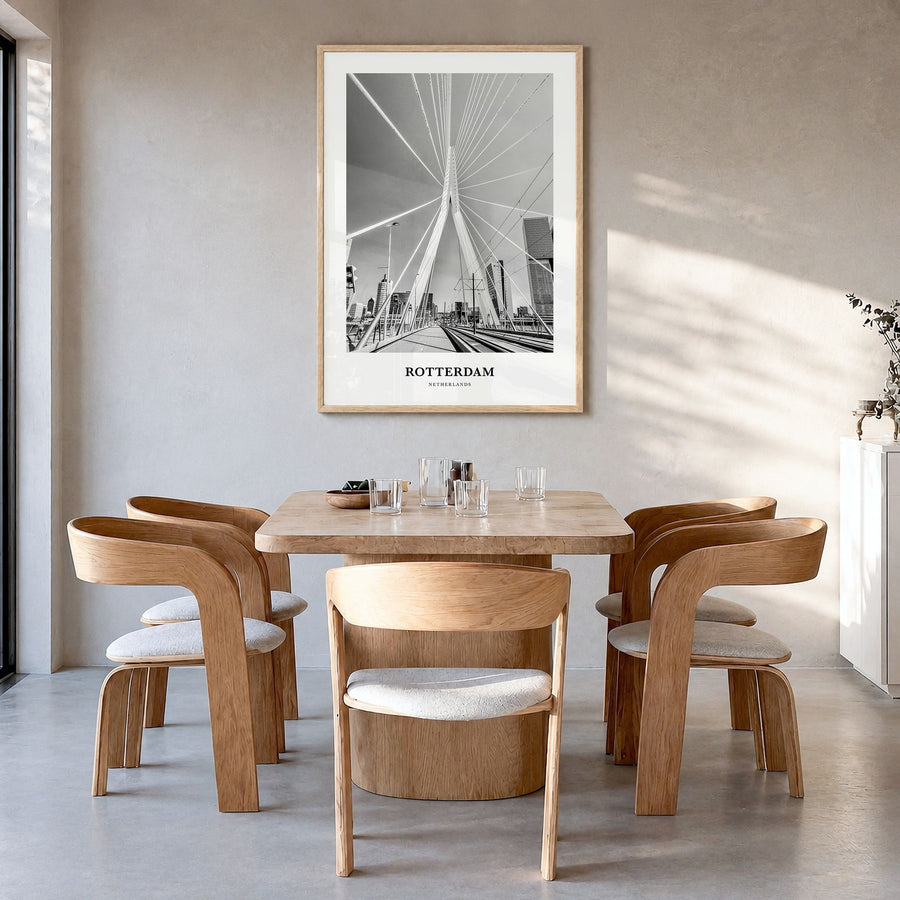 Rotterdam Classic No 1 Poster in a natural wood frame, hanging in a dining room