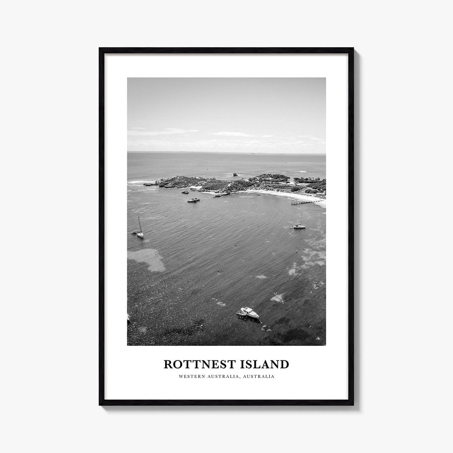 Rottnest Island black & white classic poster of Australia – vertical wall art, unframed print shown in interior mockup