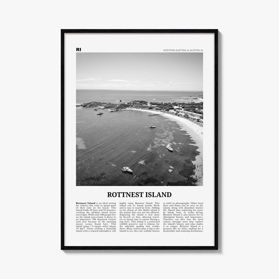 Rottnest Island black & white newspaper poster of Australia – vertical wall art, unframed print shown in interior mockup