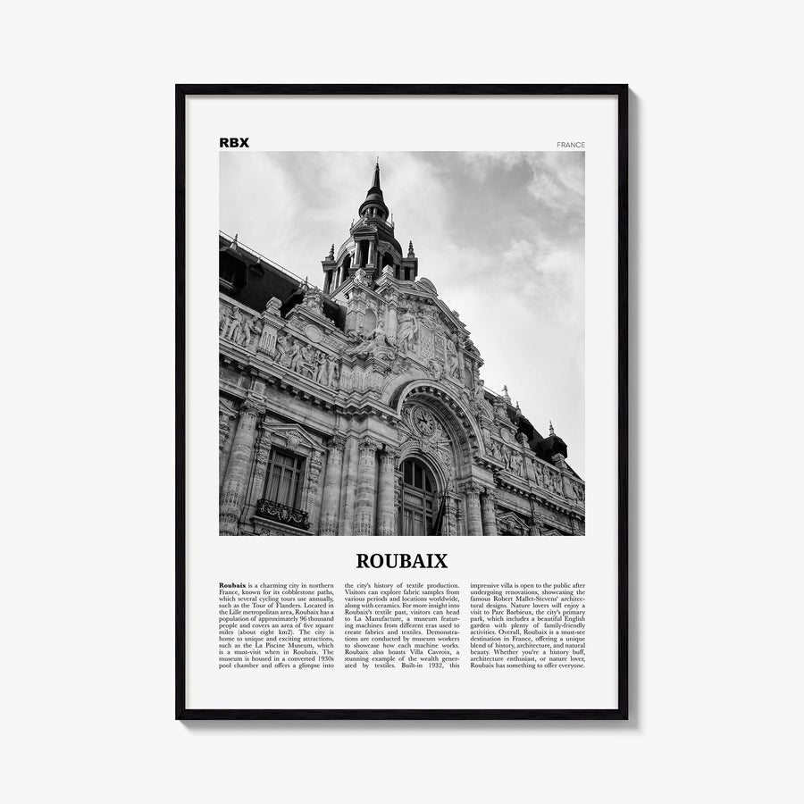 Roubaix black & white newspaper poster of France – vertical wall art, unframed print shown in interior mockup