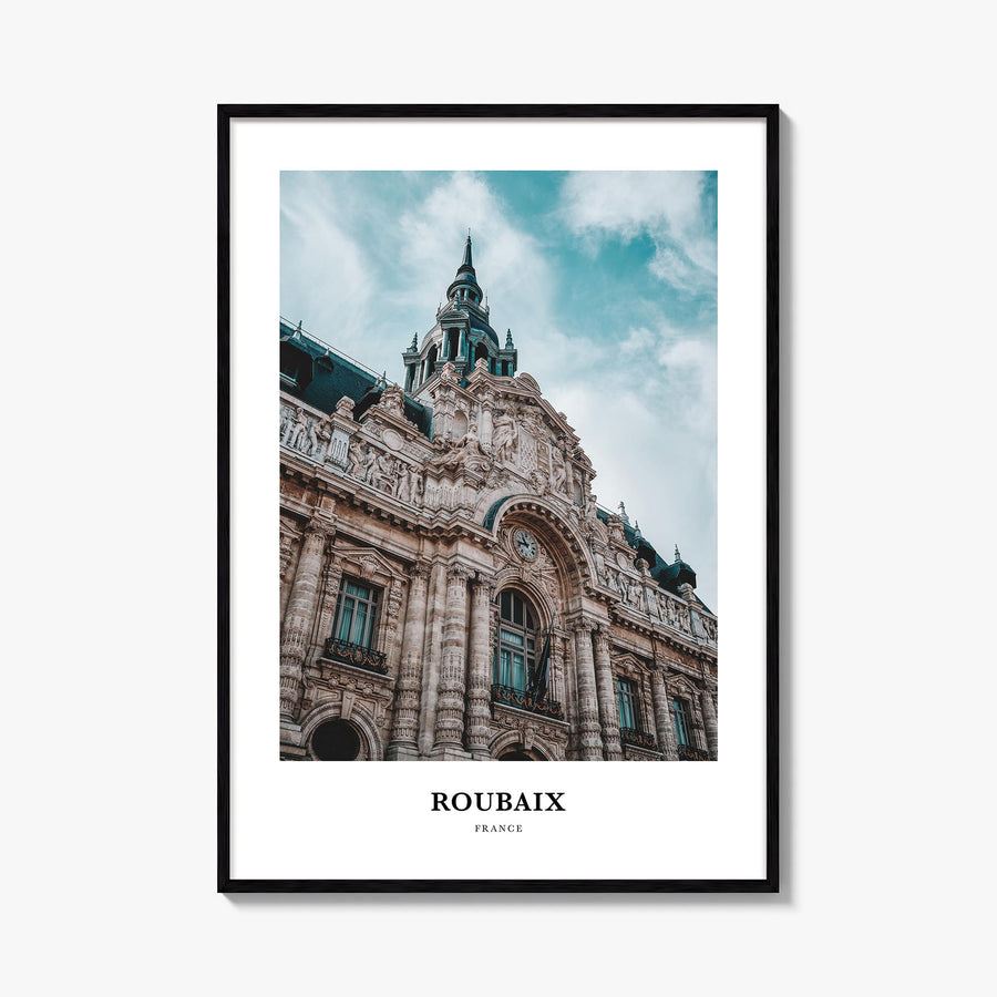 Roubaix colorful classic poster of France – vertical wall art, unframed print shown in interior mockup