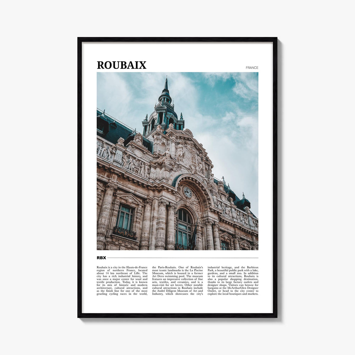 Roubaix colorful travel poster of France – vertical wall art, unframed print shown in interior mockup