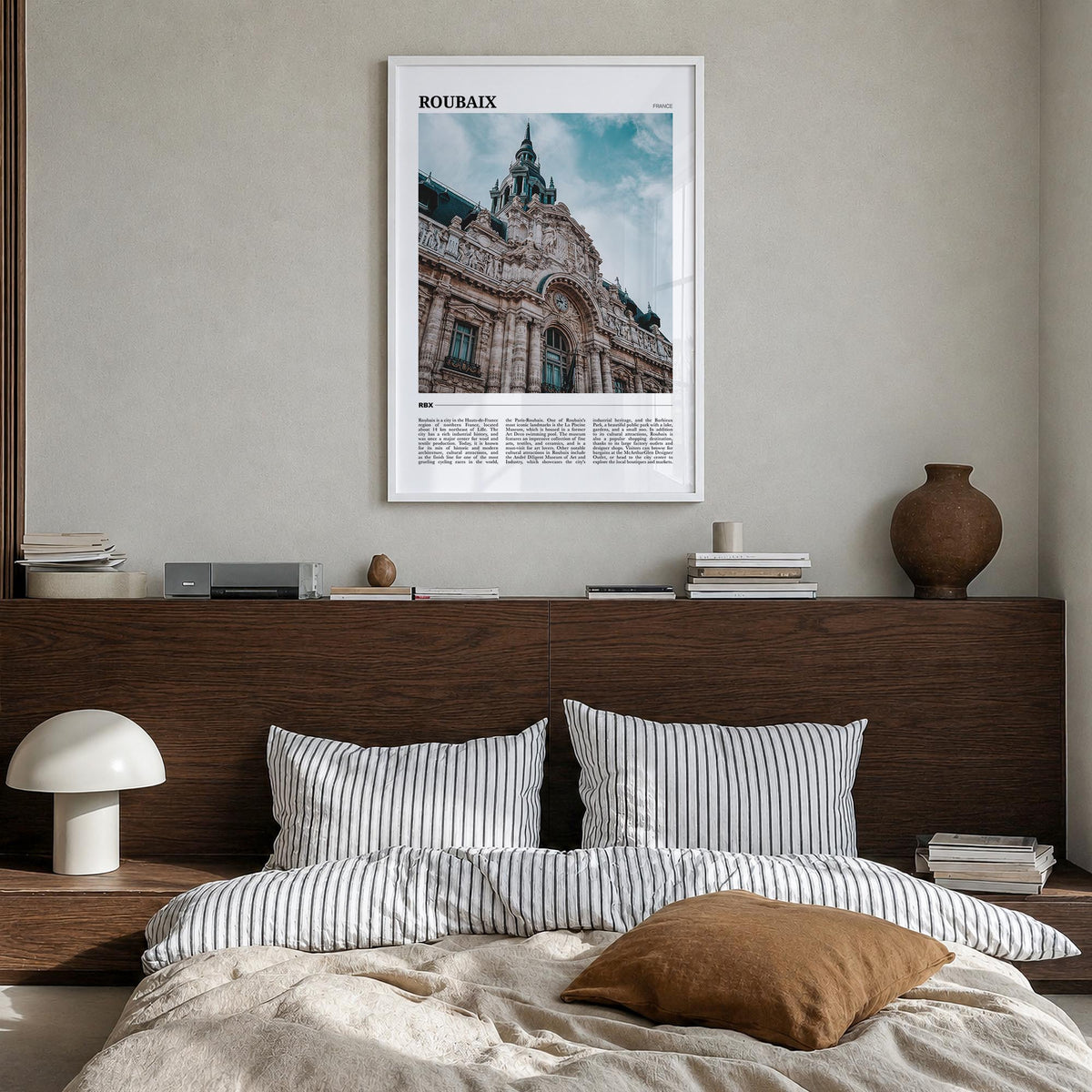 Roubaix colorful travel poster of France – vertical wall art in white wood frame, hanging on wall