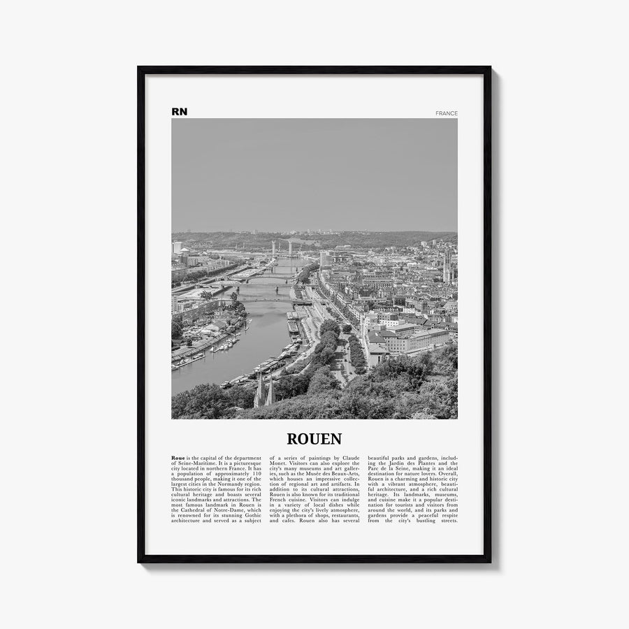 Rouen black & white newspaper poster of France – vertical wall art, unframed print shown in interior mockup