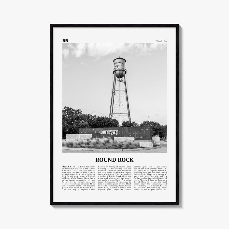 Round Rock black & white newspaper poster of Texas, USA – vertical wall art, unframed print shown in interior mockup