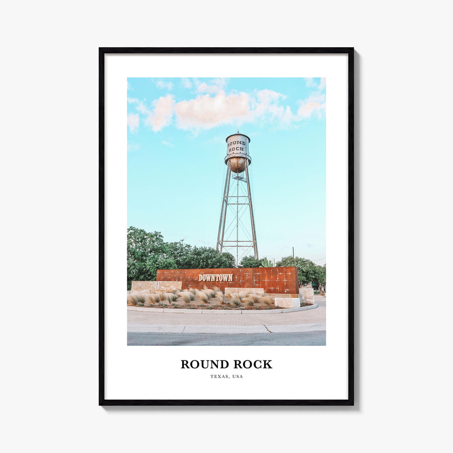 Round Rock colorful classic poster of Texas, USA – vertical wall art, unframed print shown in interior mockup