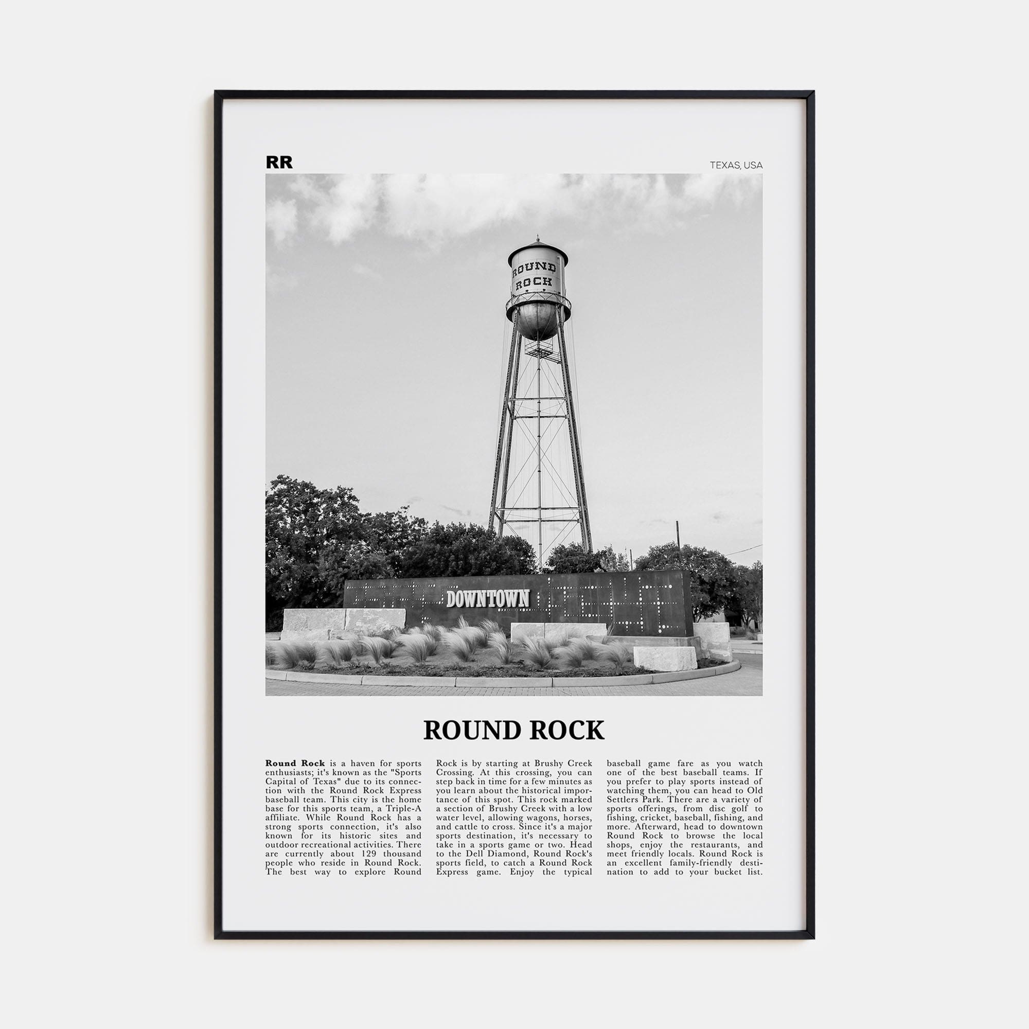 Round Rock Poster Black Metal / 8x12 in Nbourhood Travel B&W Poster