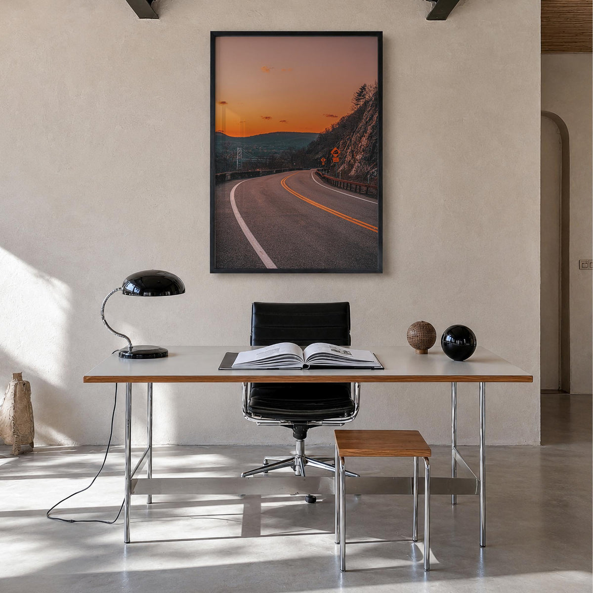 Route 202 colorful photo poster – vertical wall art in black wood frame, hanging on wall