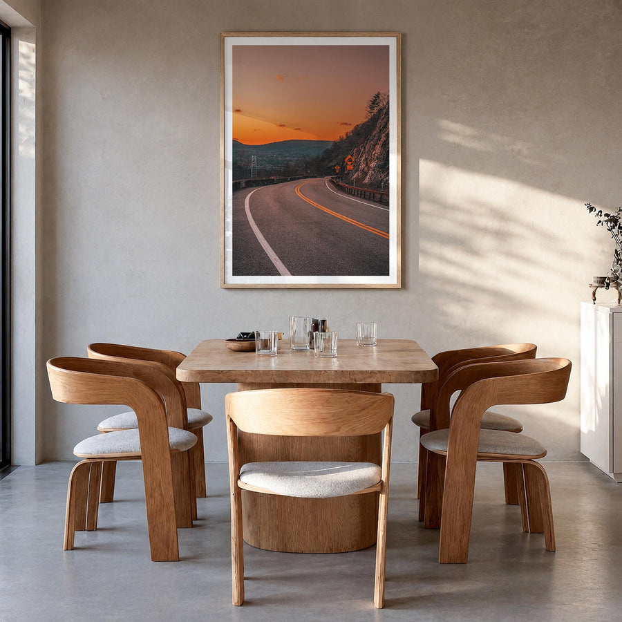 Route 202 colorful photo poster – vertical wall art in natural wood frame with white border, hanging on wall