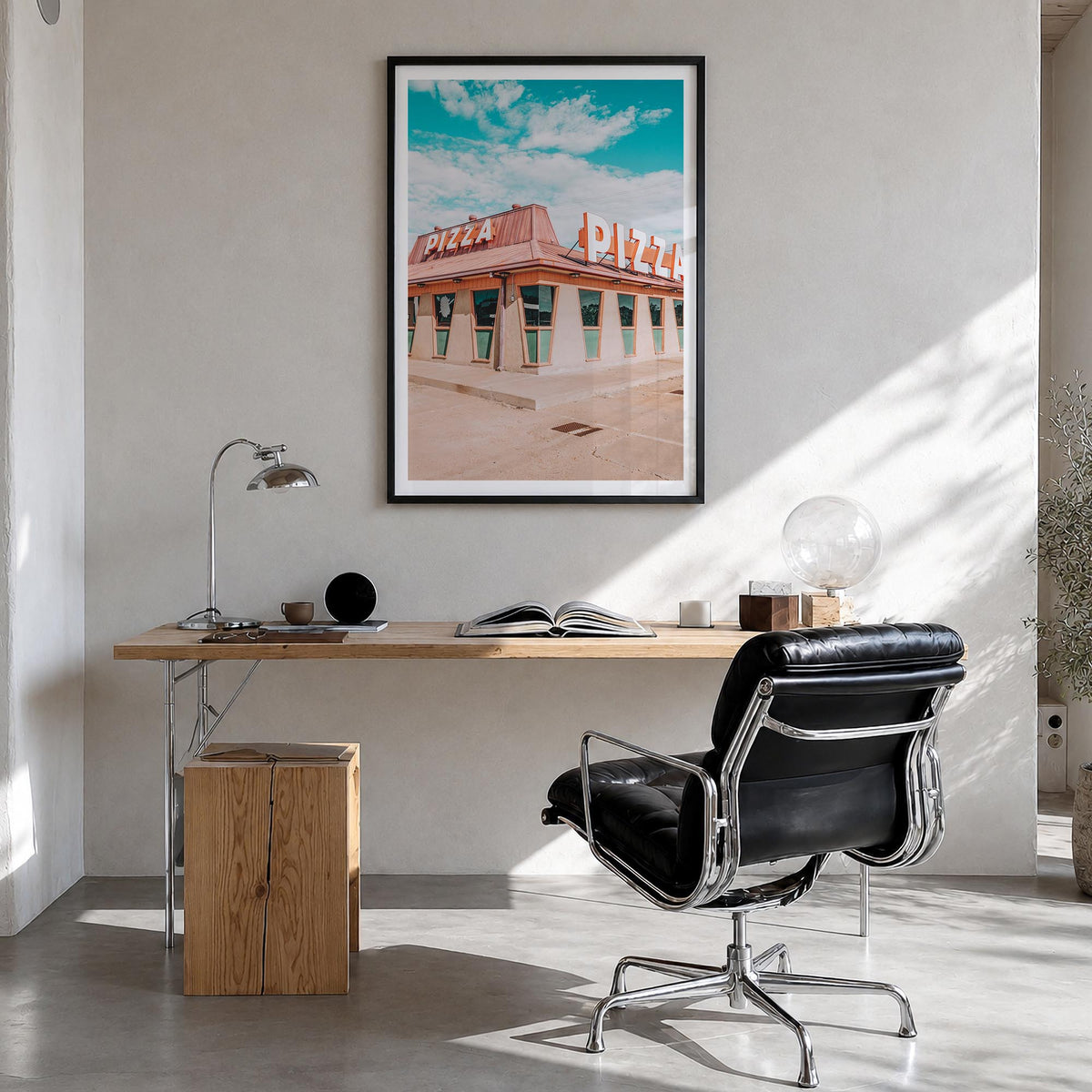 Route 66 Pizza colorful photo poster – vertical wall art in black wood frame with white border, hanging on wall