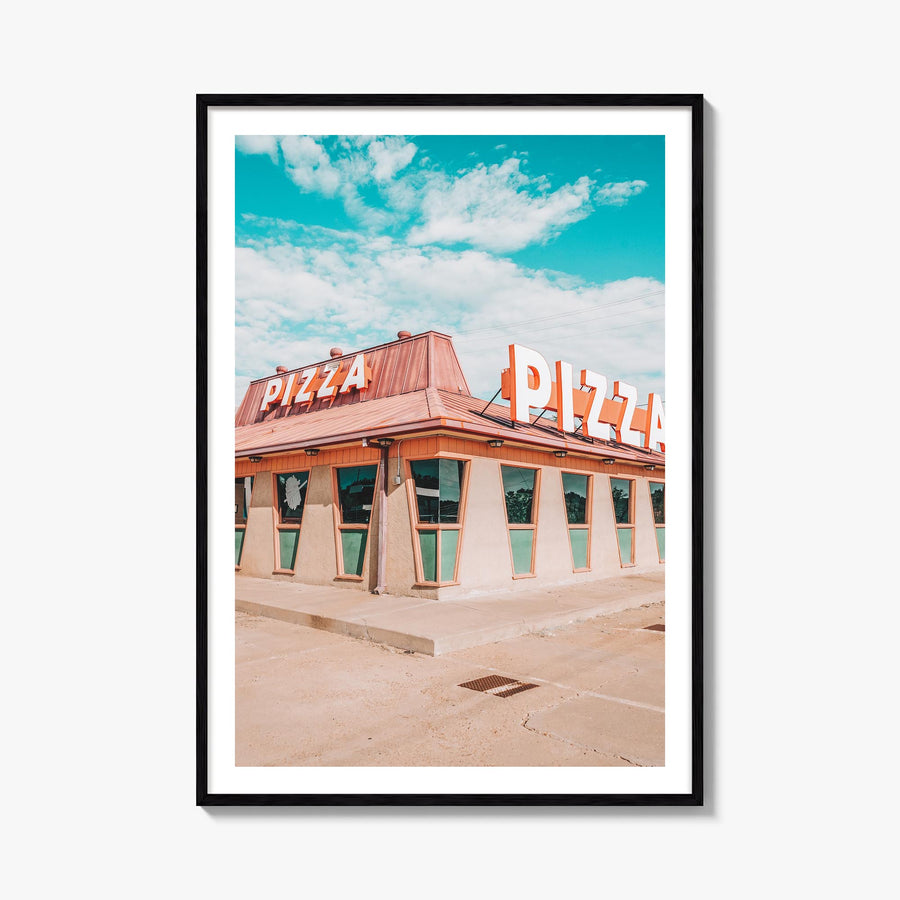 Route 66 Pizza colorful photo poster – vertical wall art, unframed print shown in interior mockup