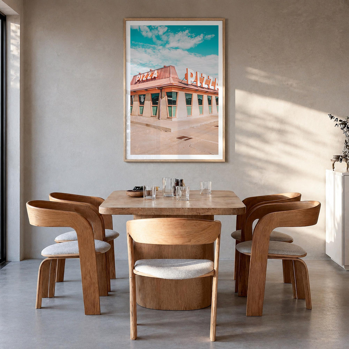 Route 66 Pizza colorful photo poster – vertical wall art in natural wood frame with white border, hanging on wall