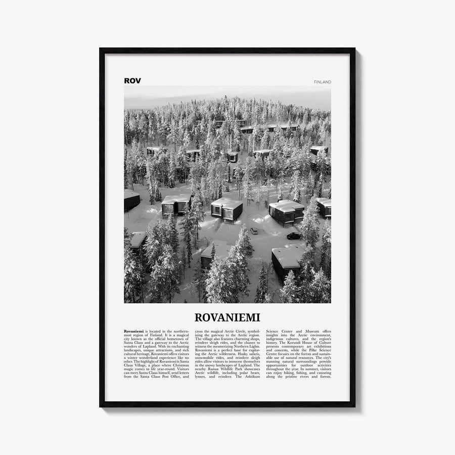 Rovaniemi black & white newspaper poster of Finland – vertical wall art, unframed print shown in interior mockup