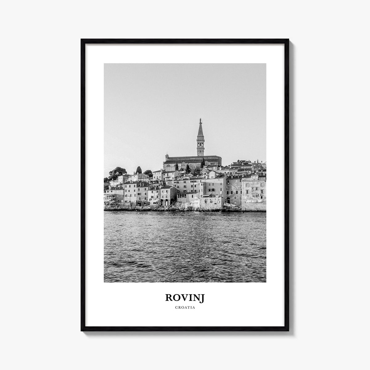 Rovinj black & white classic poster of Croatia – vertical wall art, unframed print shown in interior mockup