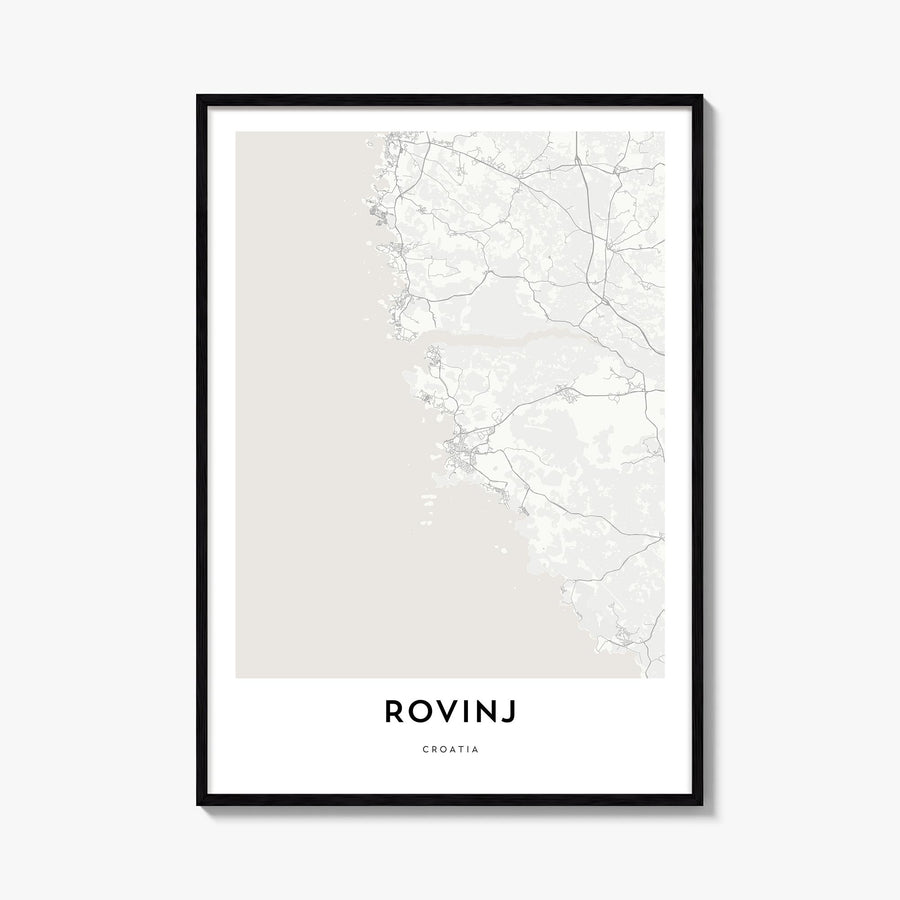 Rovinj black & white map poster of Croatia – vertical wall art, unframed print shown in interior mockup