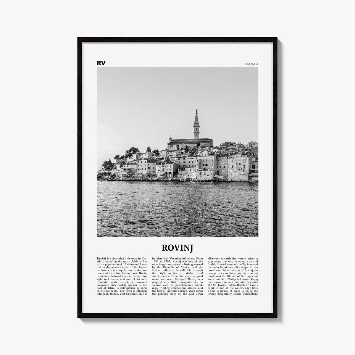 Rovinj black & white newspaper poster of Croatia – vertical wall art, unframed print shown in interior mockup