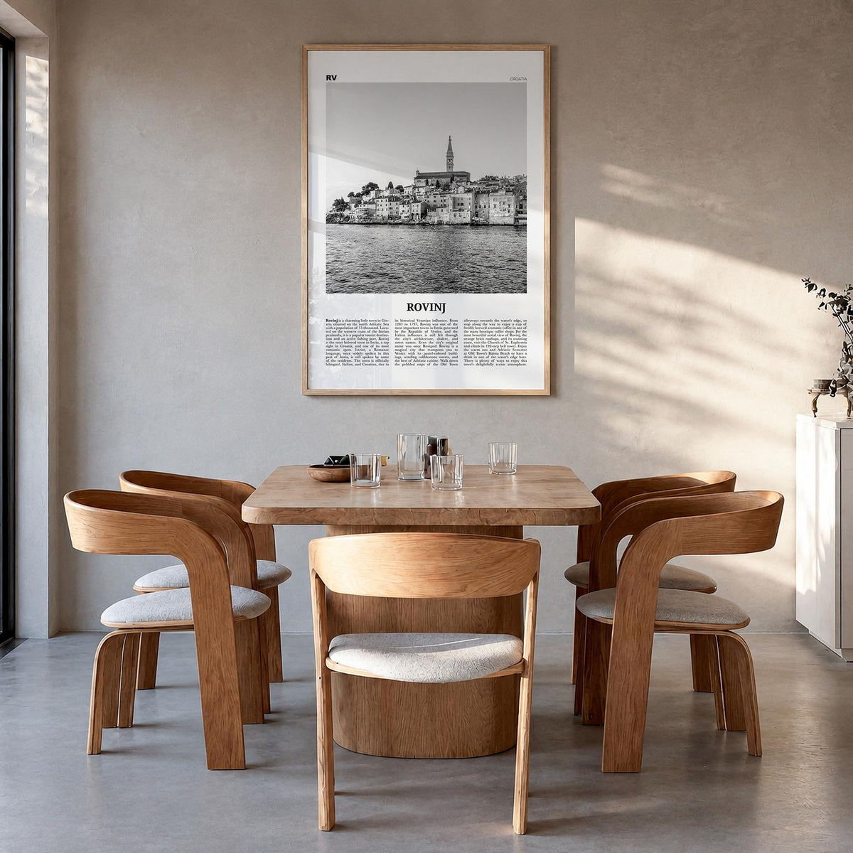 Rovinj black & white newspaper poster of Croatia – vertical wall art in natural wood frame, hanging on wall