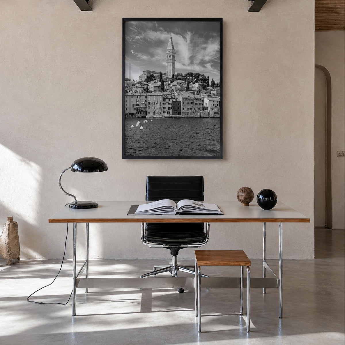 Rovinj black & white photo poster of Croatia – vertical wall art in black wood frame, hanging on wall