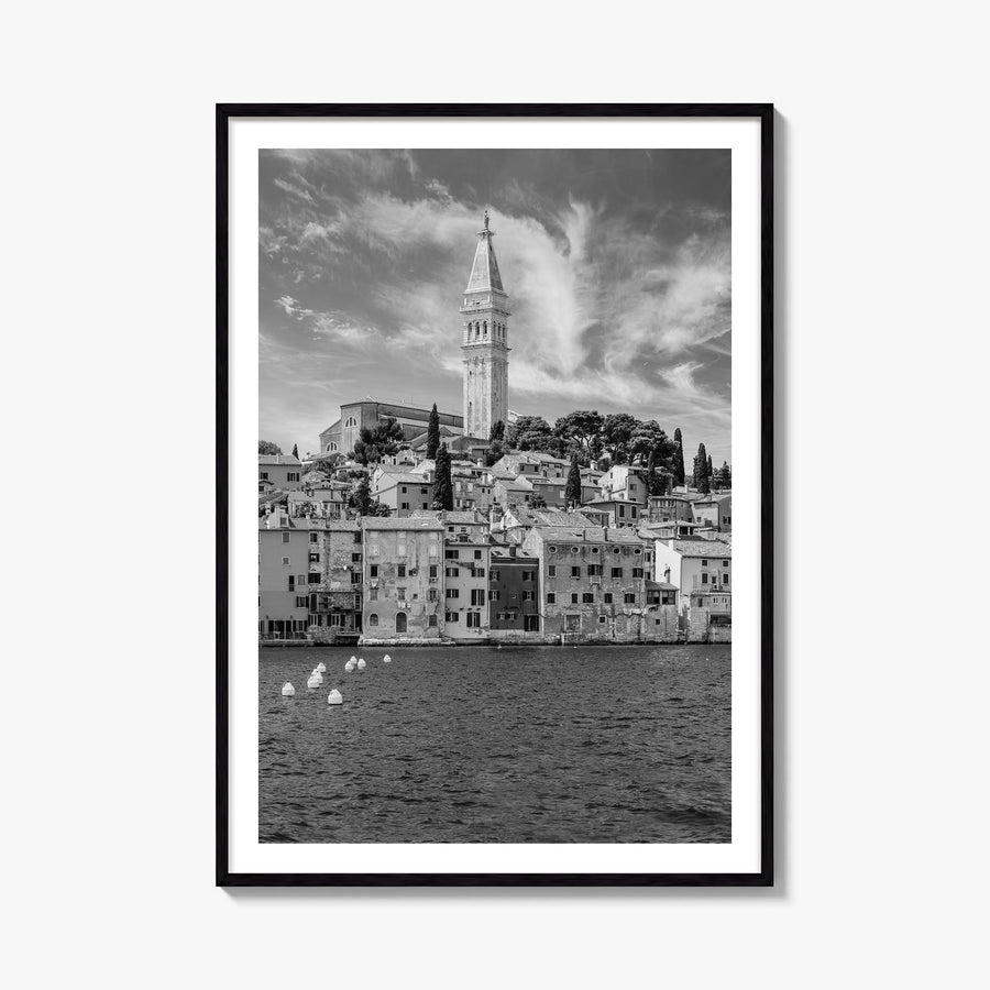 Rovinj black & white photo poster of Croatia – vertical wall art, unframed print shown in interior mockup
