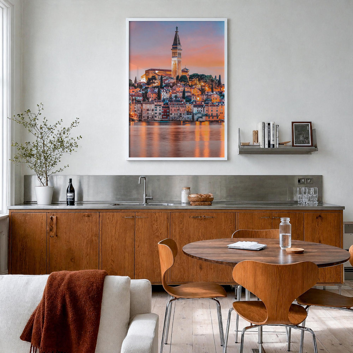 Rovinj colorful photo poster of Croatia – vertical wall art in white wood frame, hanging on wall