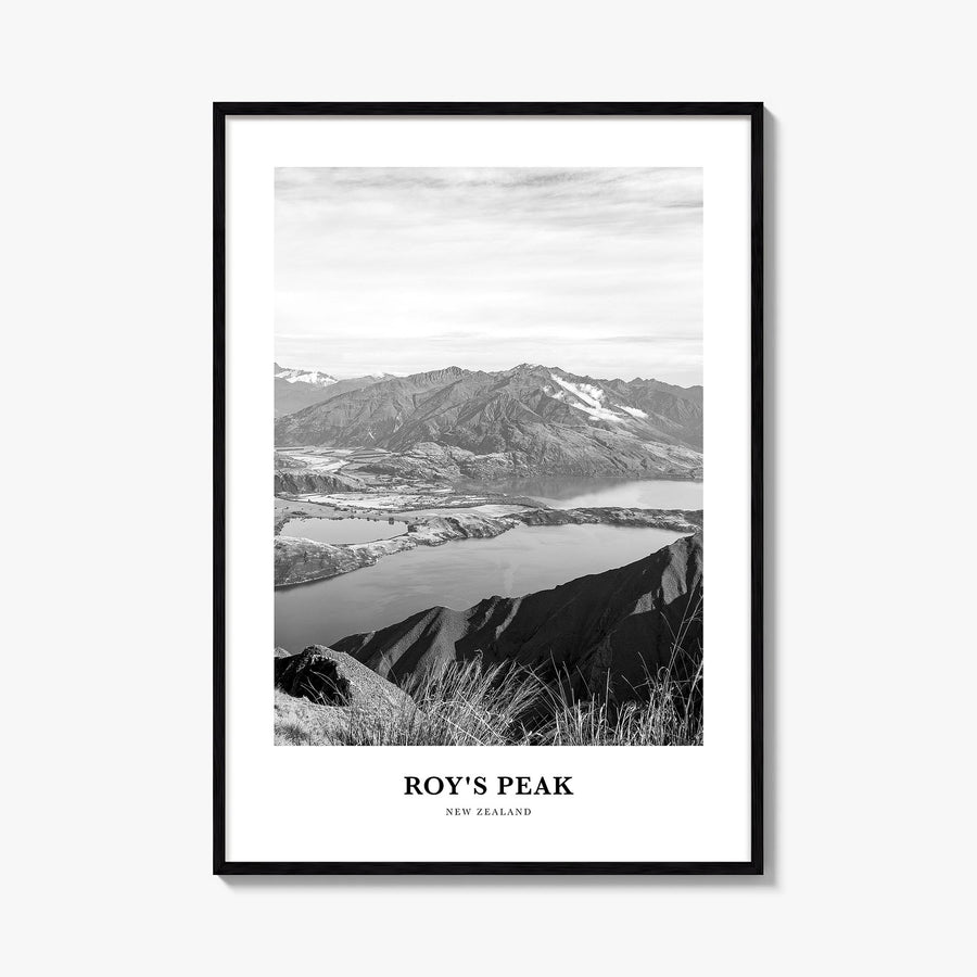 Roy's Peak black & white classic poster of New Zealand – vertical wall art, unframed print shown in interior mockup