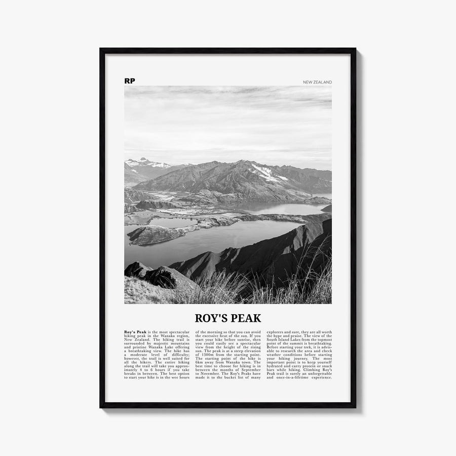 Roy's Peak black & white newspaper poster of New Zealand – vertical wall art, unframed print shown in interior mockup