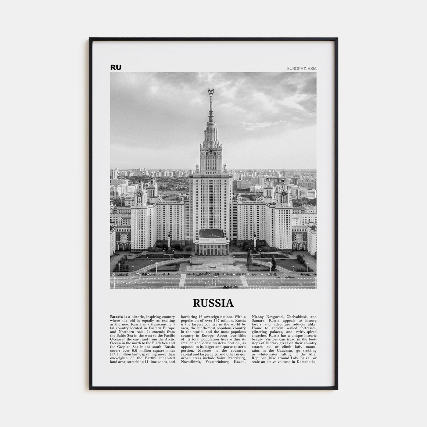 Russia Poster Black Metal / 8x12 in Nbourhood Travel B&W Poster