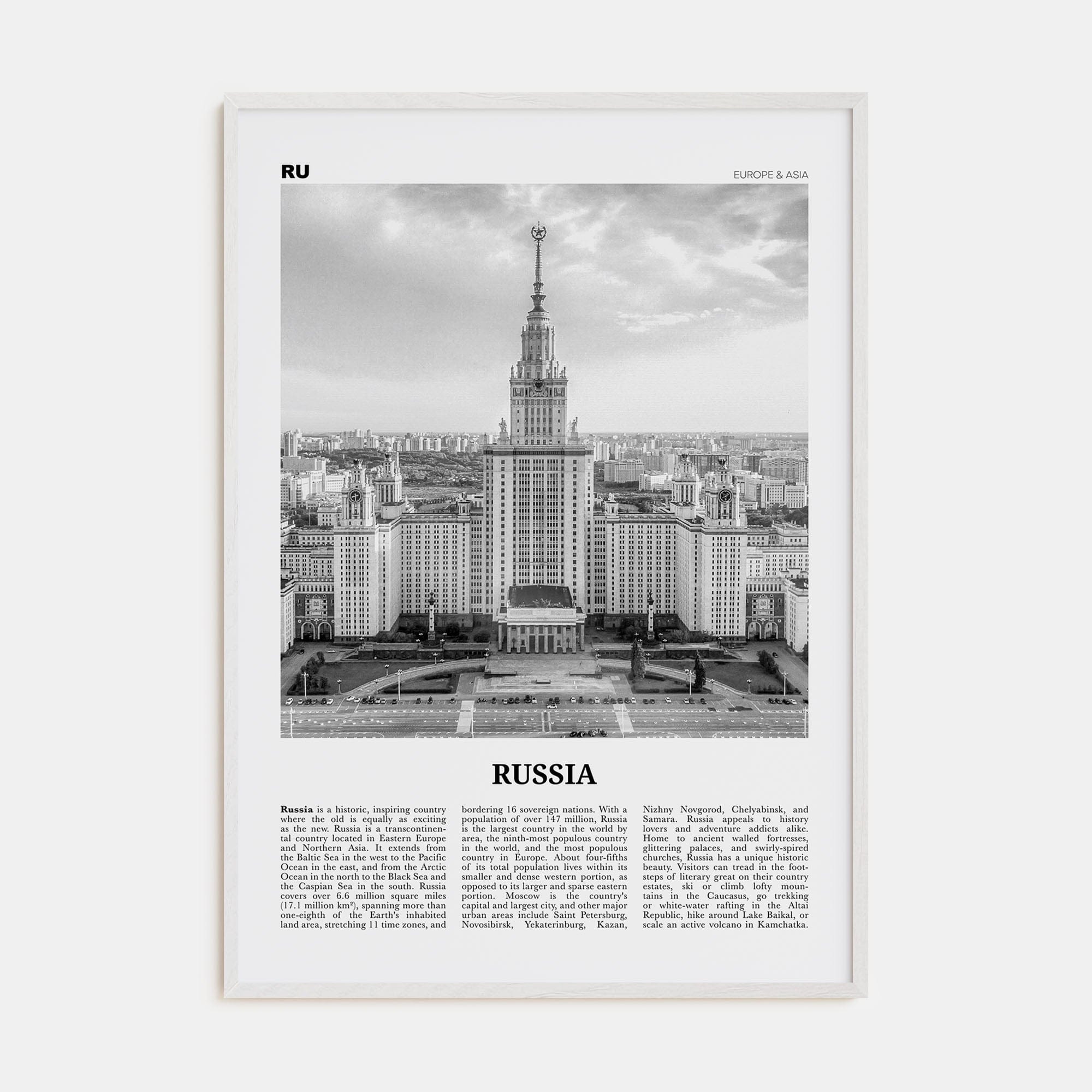 Russia Poster White Wood / 8x12 in Nbourhood Travel B&W Poster