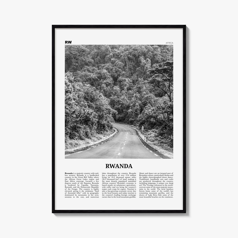 Rwanda black & white newspaper poster of Africa – vertical wall art, unframed print shown in interior mockup