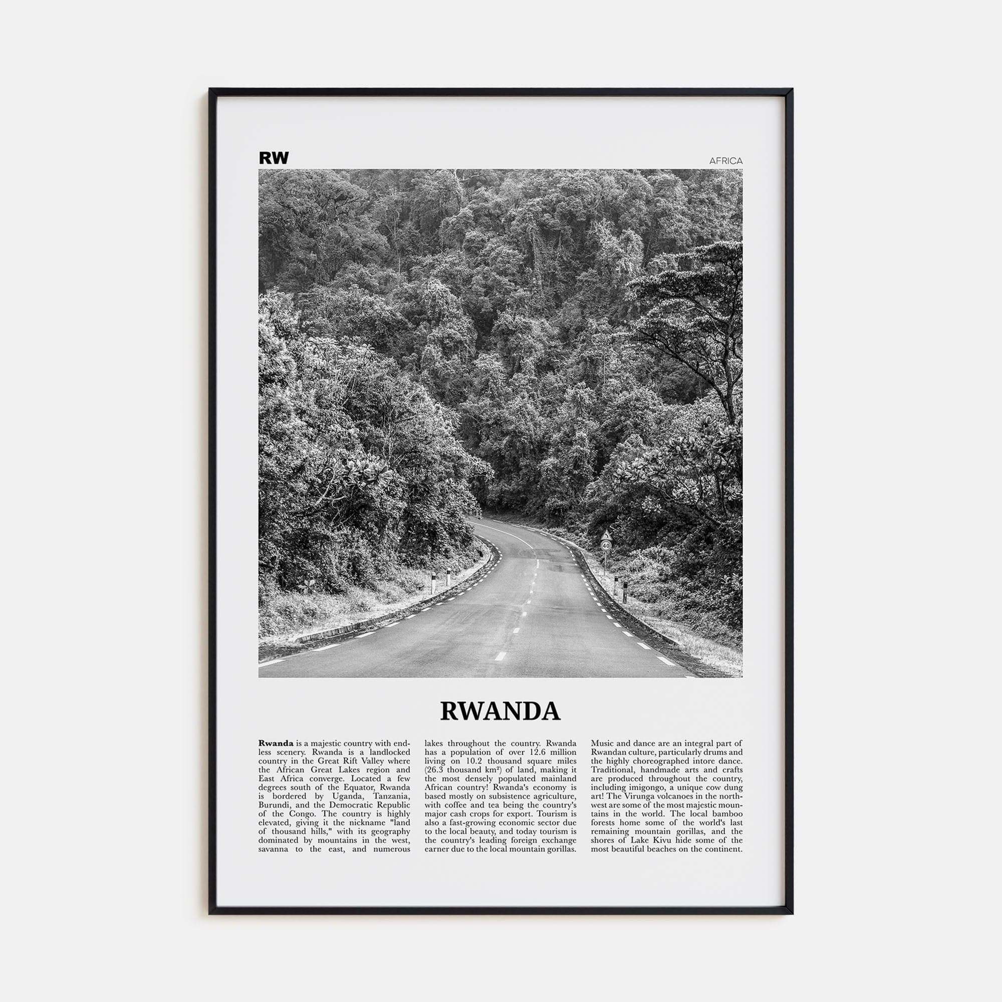 Rwanda Poster Black Metal / 8x12 in Nbourhood Travel B&W Poster